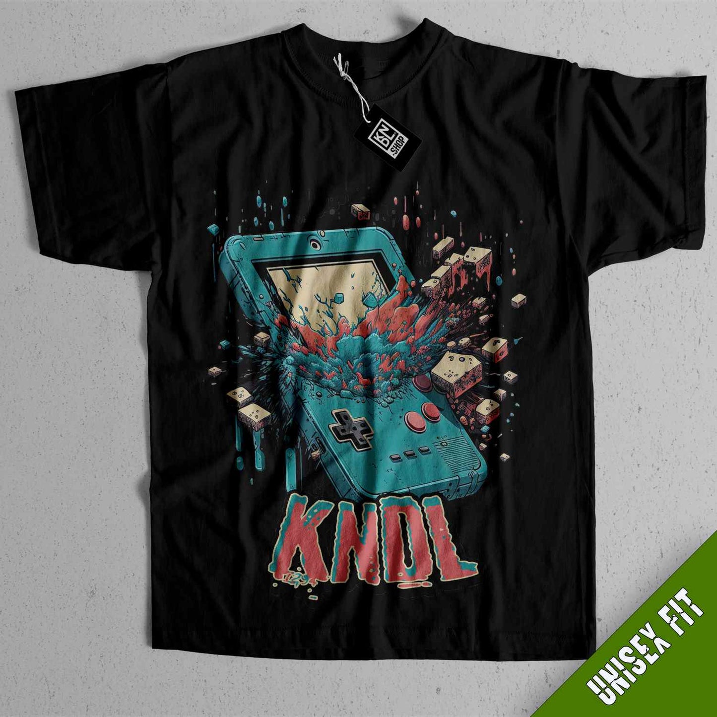 a black t - shirt with an image of a video game console on it