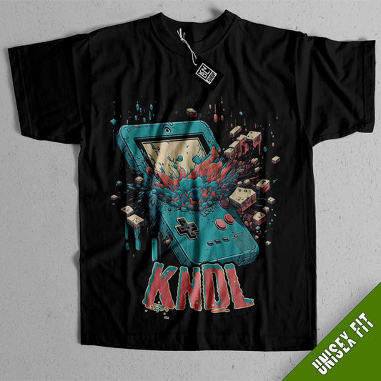 a black t - shirt with an image of a video game console on it