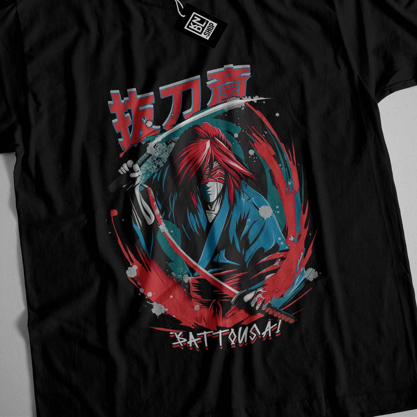 a black shirt with a picture of a man holding a sword
