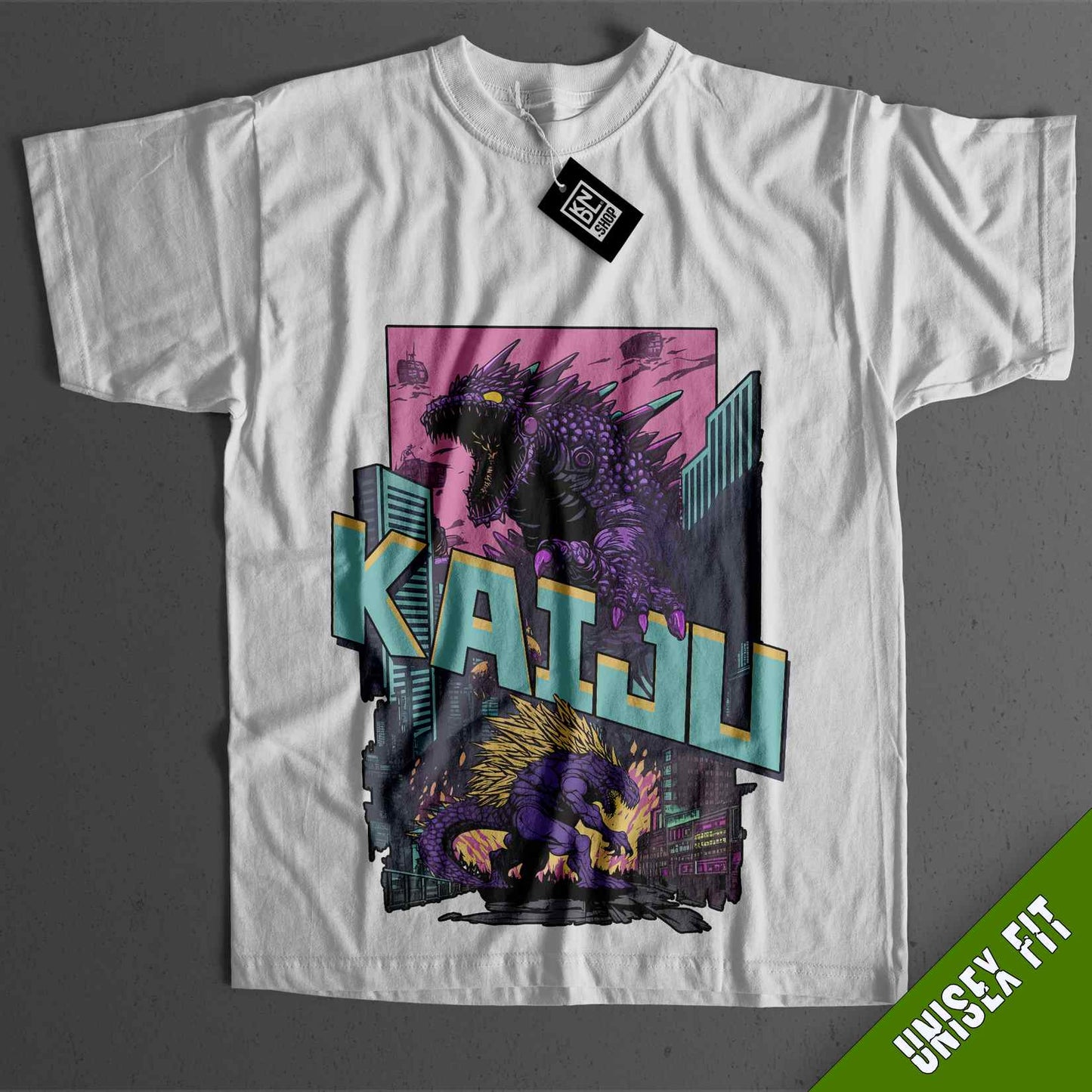 a white t - shirt with a godzilla on it