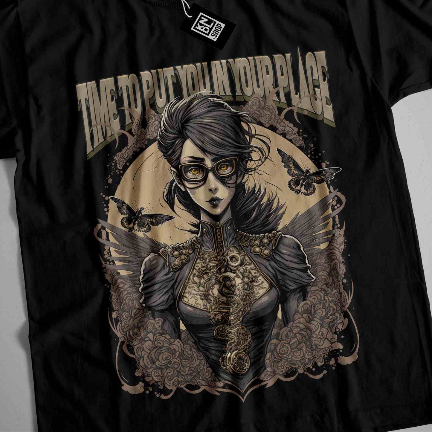 a black t - shirt with a picture of a woman holding a gun