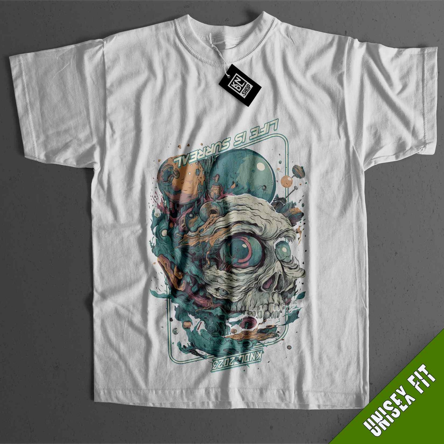 a white t - shirt with an image of a skull on it