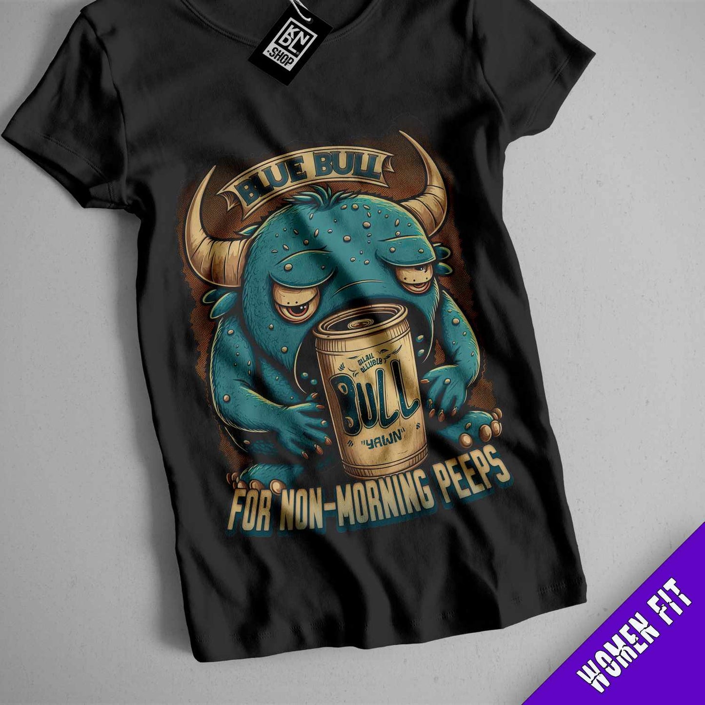 a black shirt with a bull holding a beer