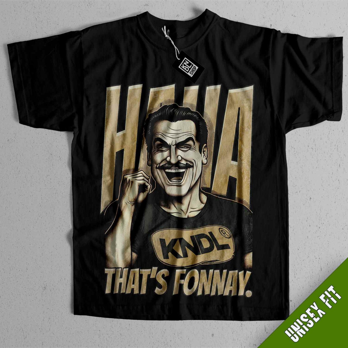 a black shirt with a picture of a man with a mustache