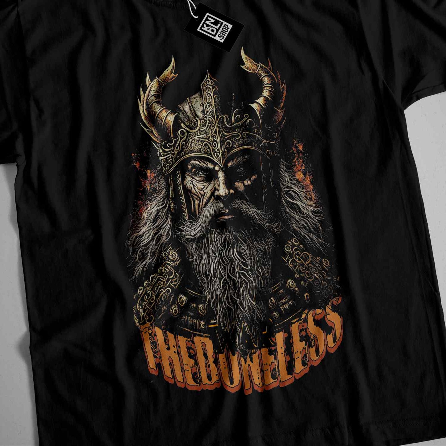 a black t - shirt with an image of a viking
