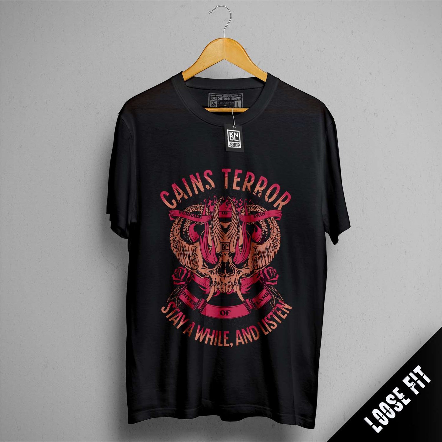 a black t - shirt with a picture of a snake on it
