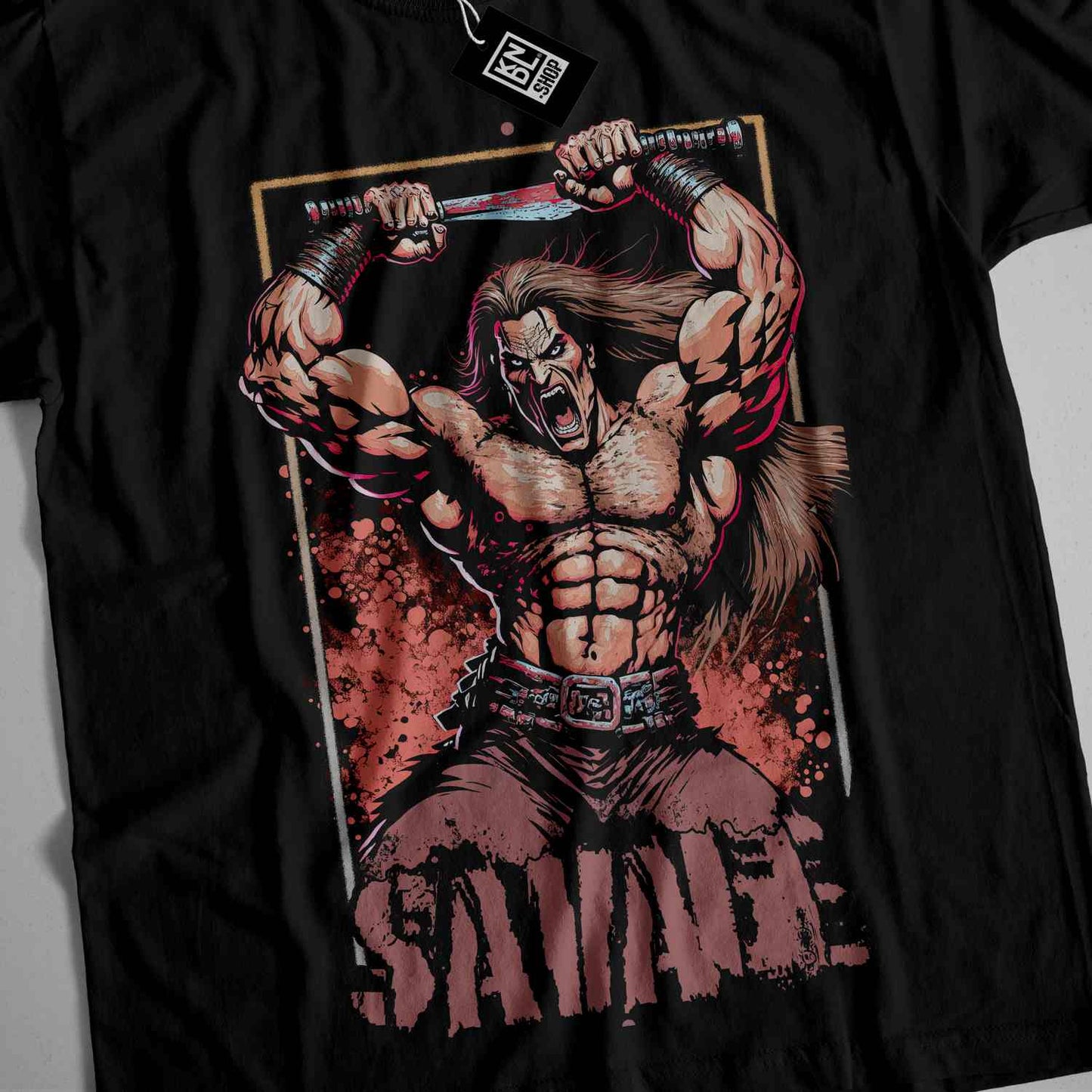 a black shirt with a picture of a man holding a sword