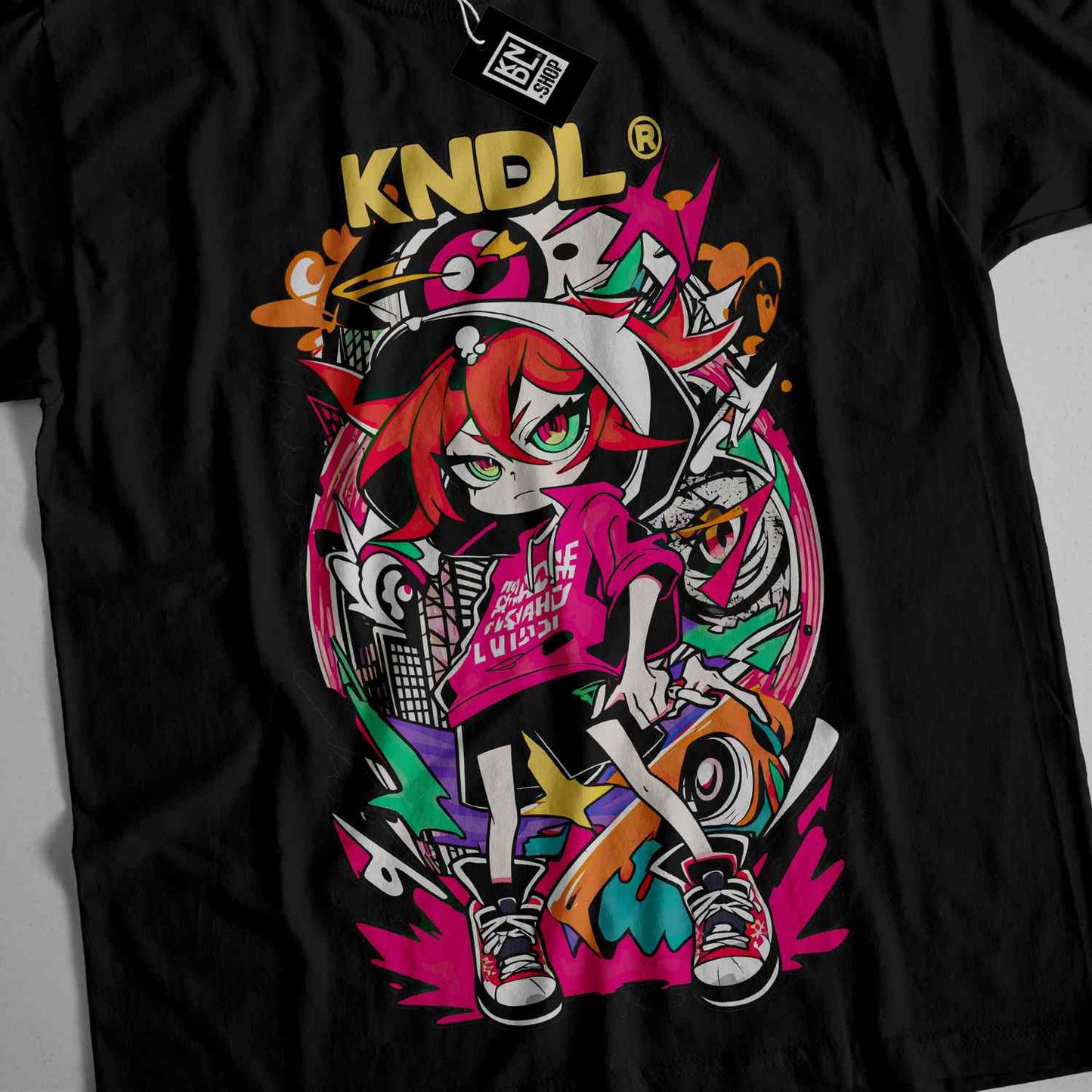 a black t - shirt with a cartoon character on it