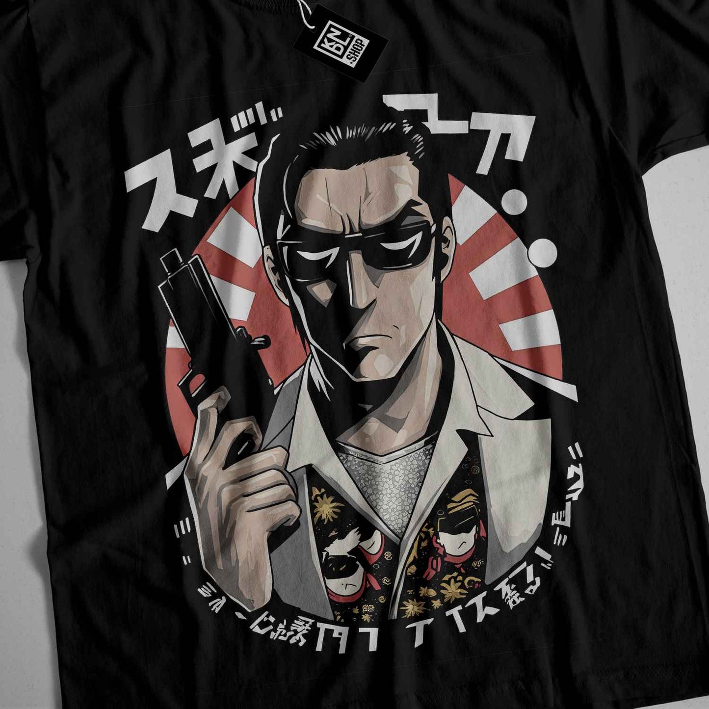 a black shirt with a picture of a man holding a gun