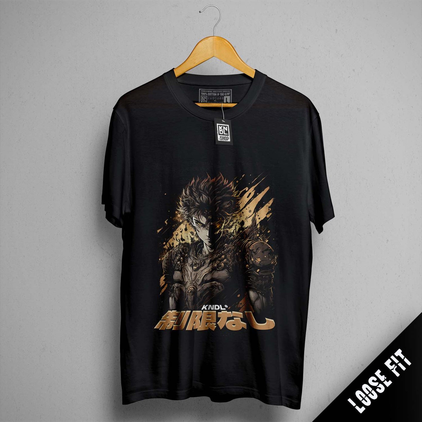 a black t - shirt with a picture of a man holding a sword