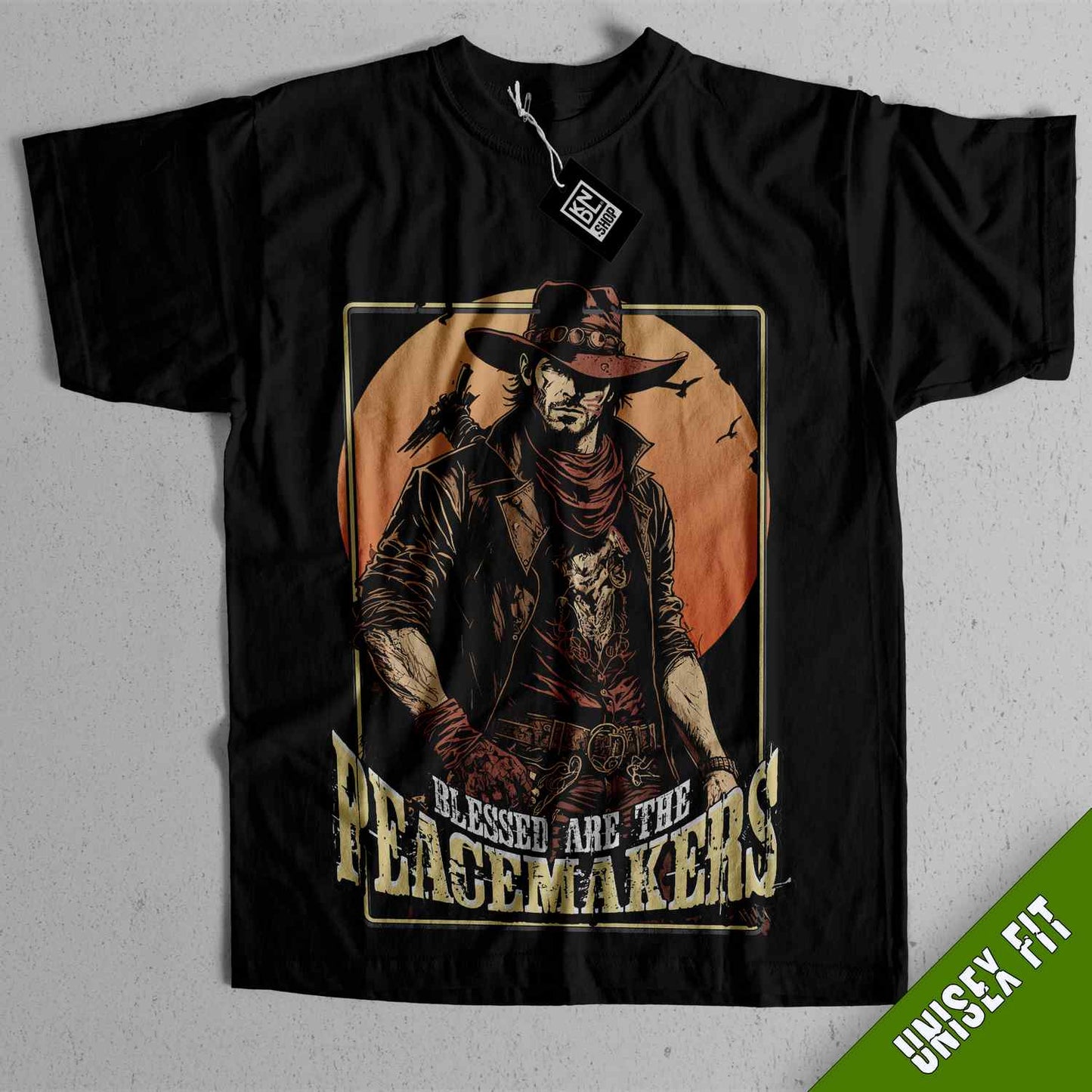a black t - shirt with a picture of a man in a cowboy hat