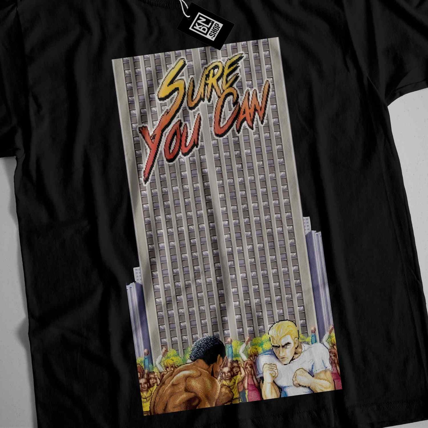 a t - shirt with a picture of a man and a woman in front of