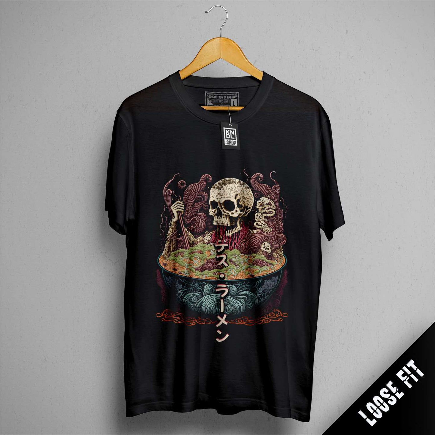 a black t - shirt with a skeleton eating a bowl of food