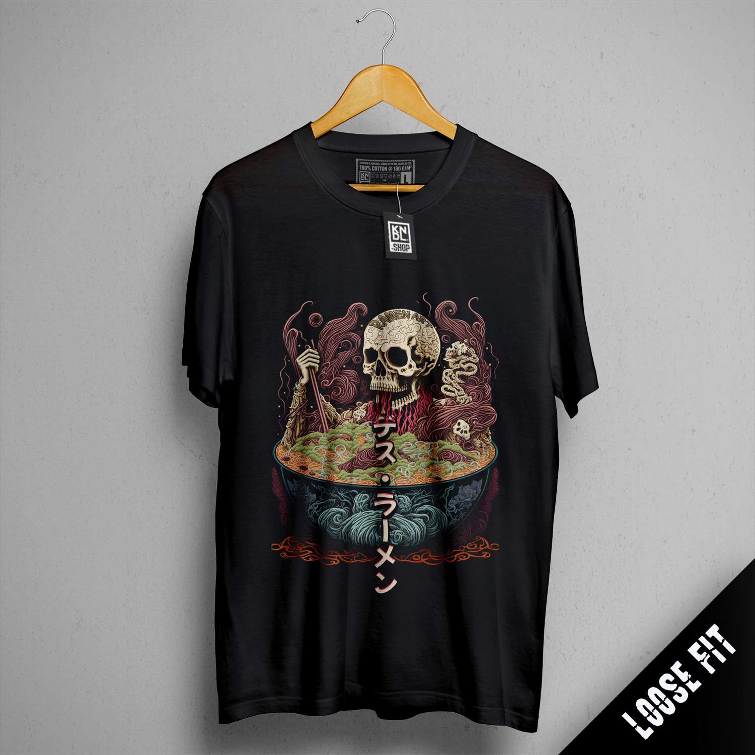a black t - shirt with a skeleton eating a bowl of food
