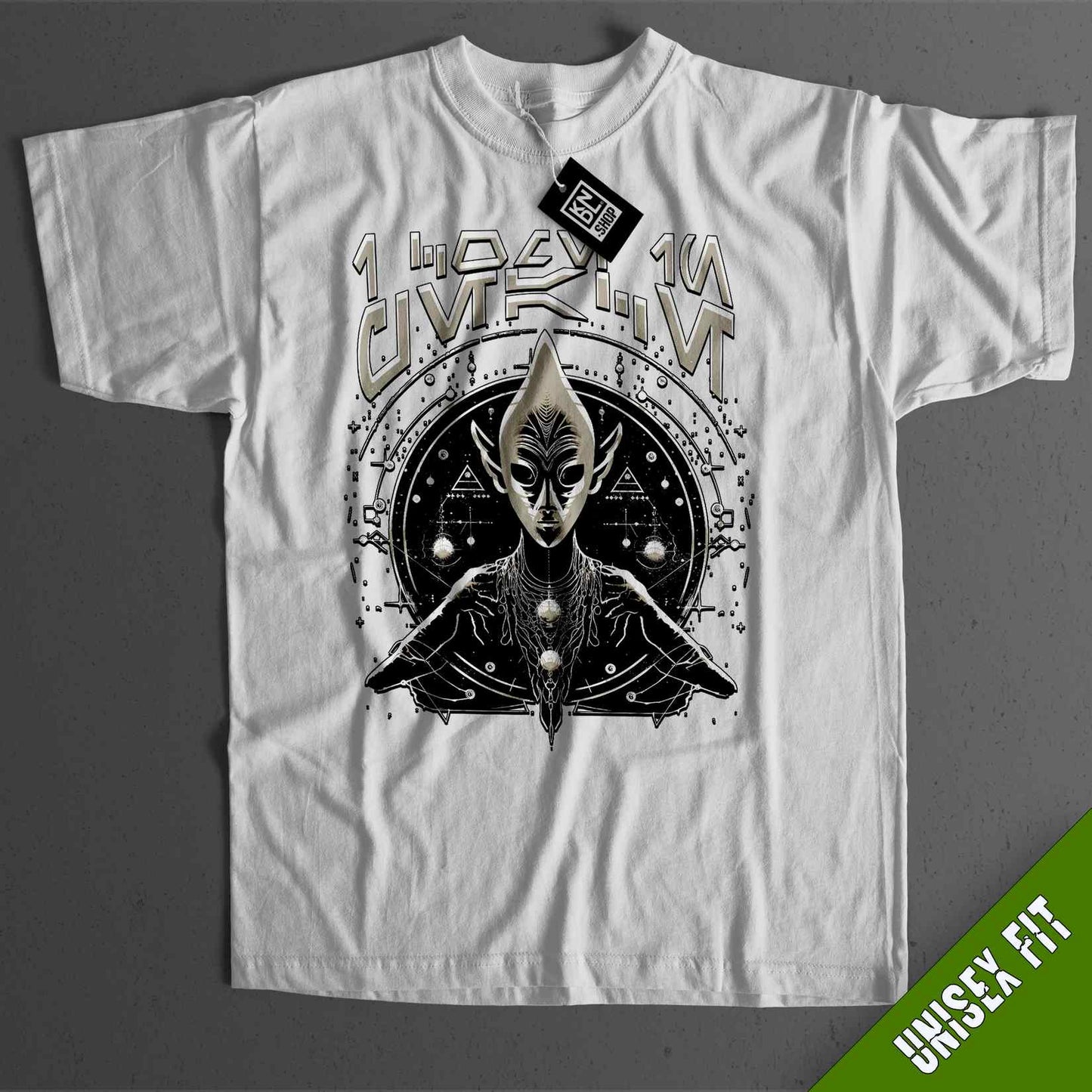 a white t - shirt with an alien on it