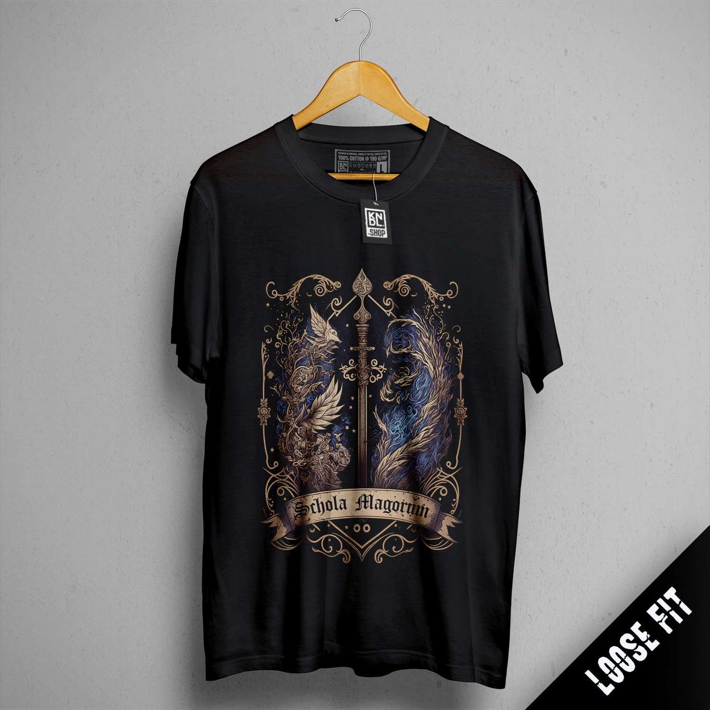 a black t - shirt with a picture of a dragon and a wolf on it