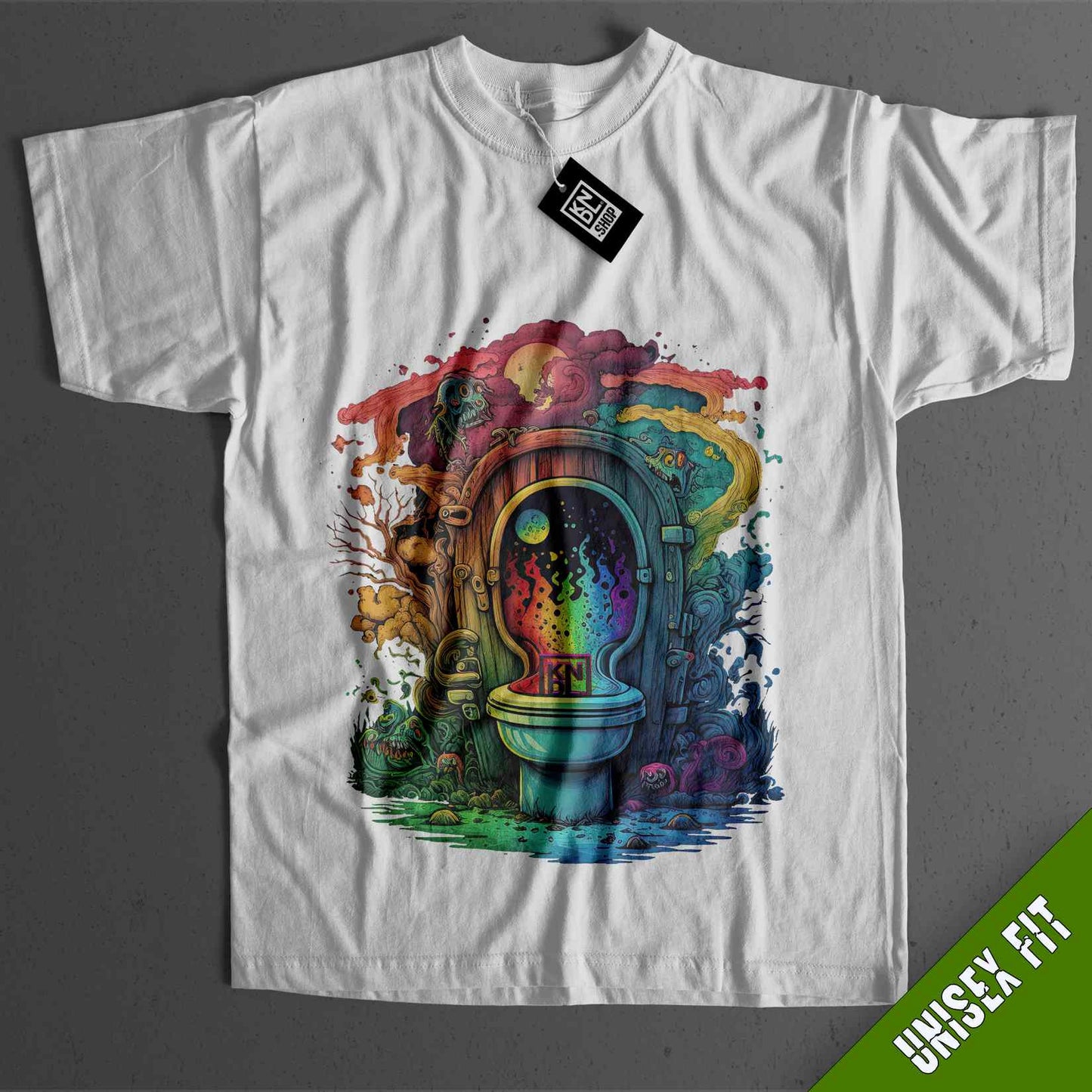 a white t - shirt with an image of a toilet