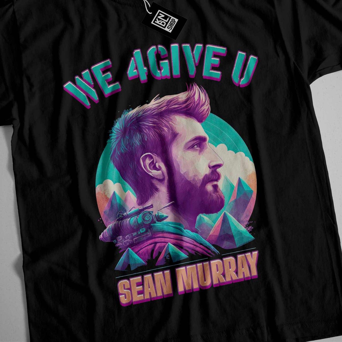 a black t - shirt with a picture of a man with a beard