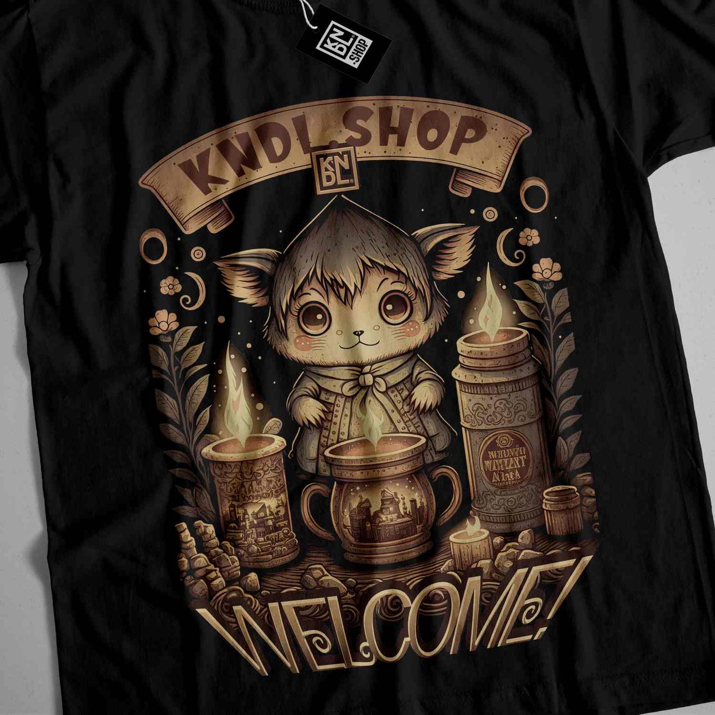 a black t - shirt with a picture of a cat holding a coffee mug