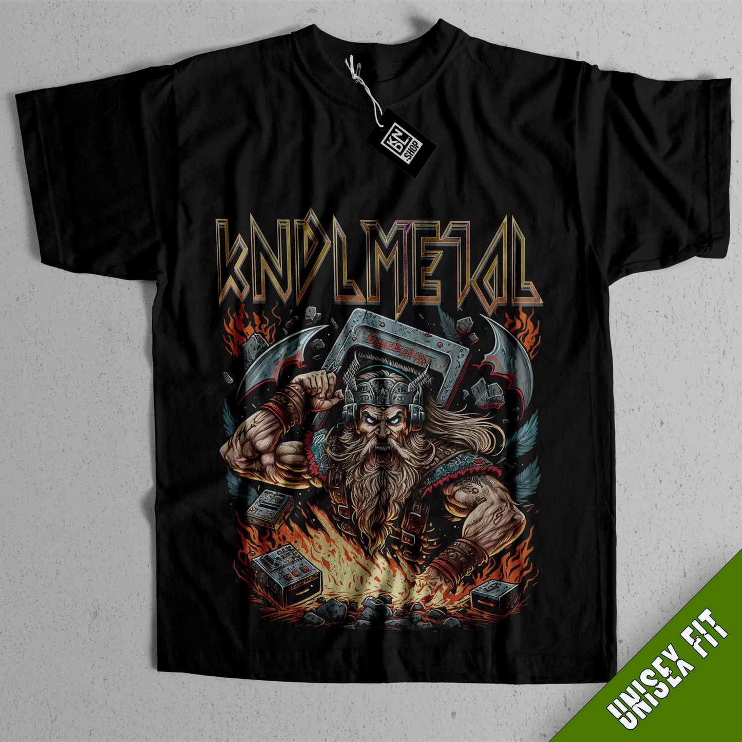 a black shirt with an image of a man holding a hammer