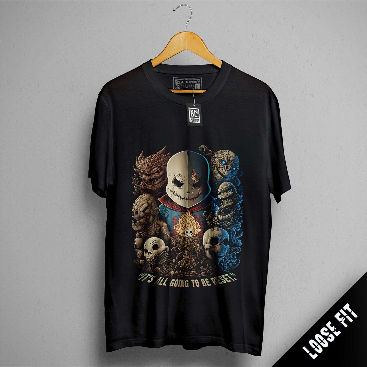 a black t - shirt with a picture of a group of cartoon characters on it