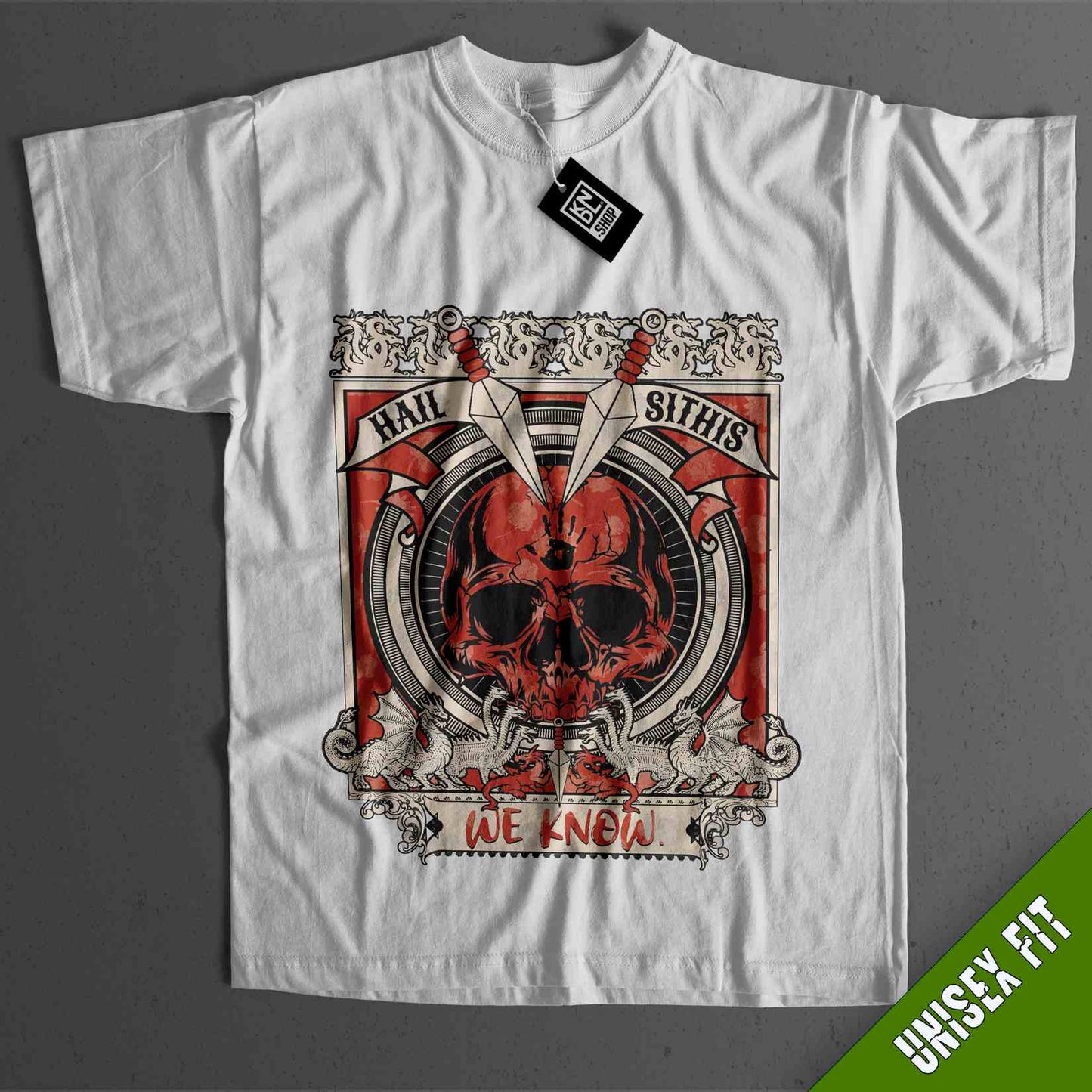 a white shirt with a red skull on it