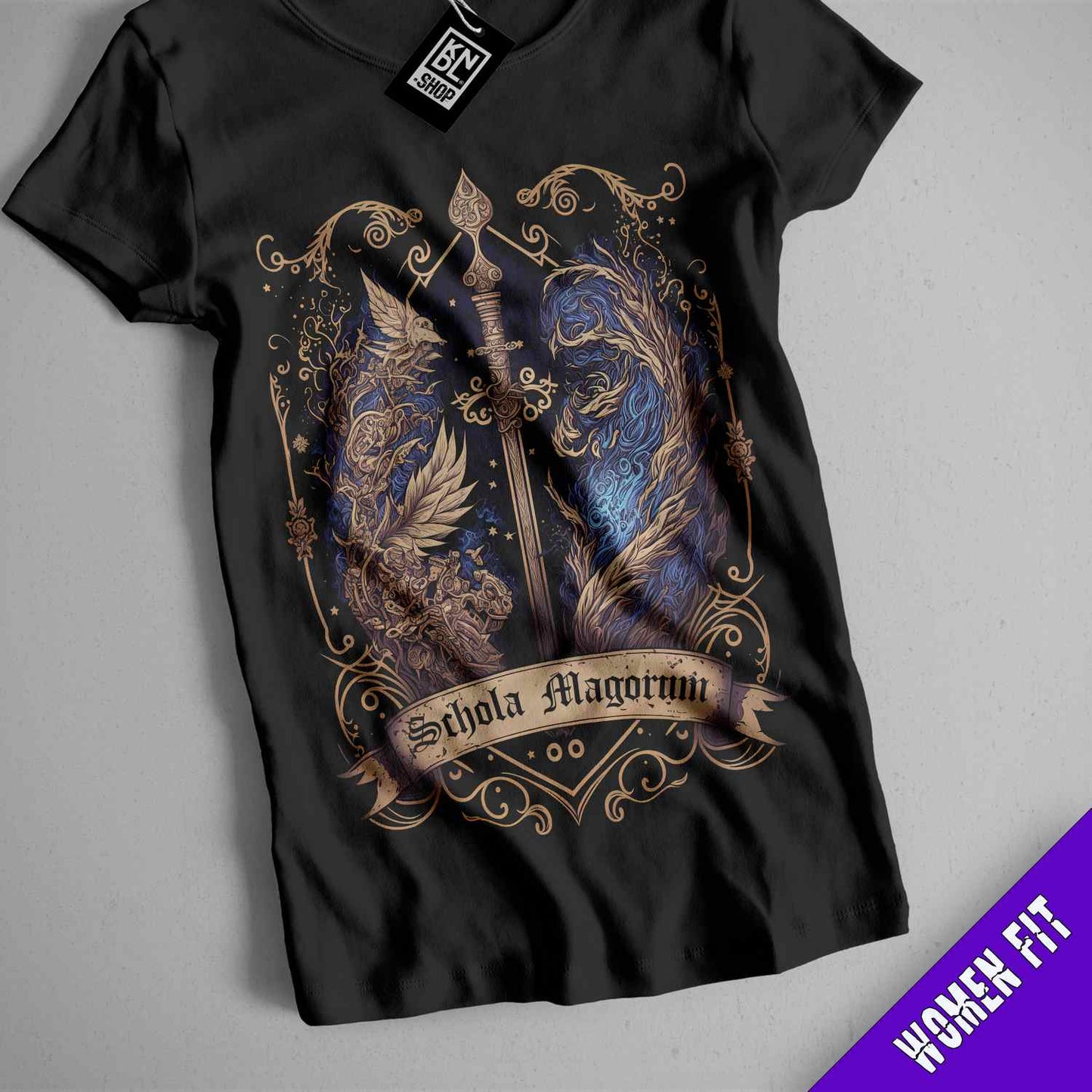 a t - shirt with a picture of a sword on it