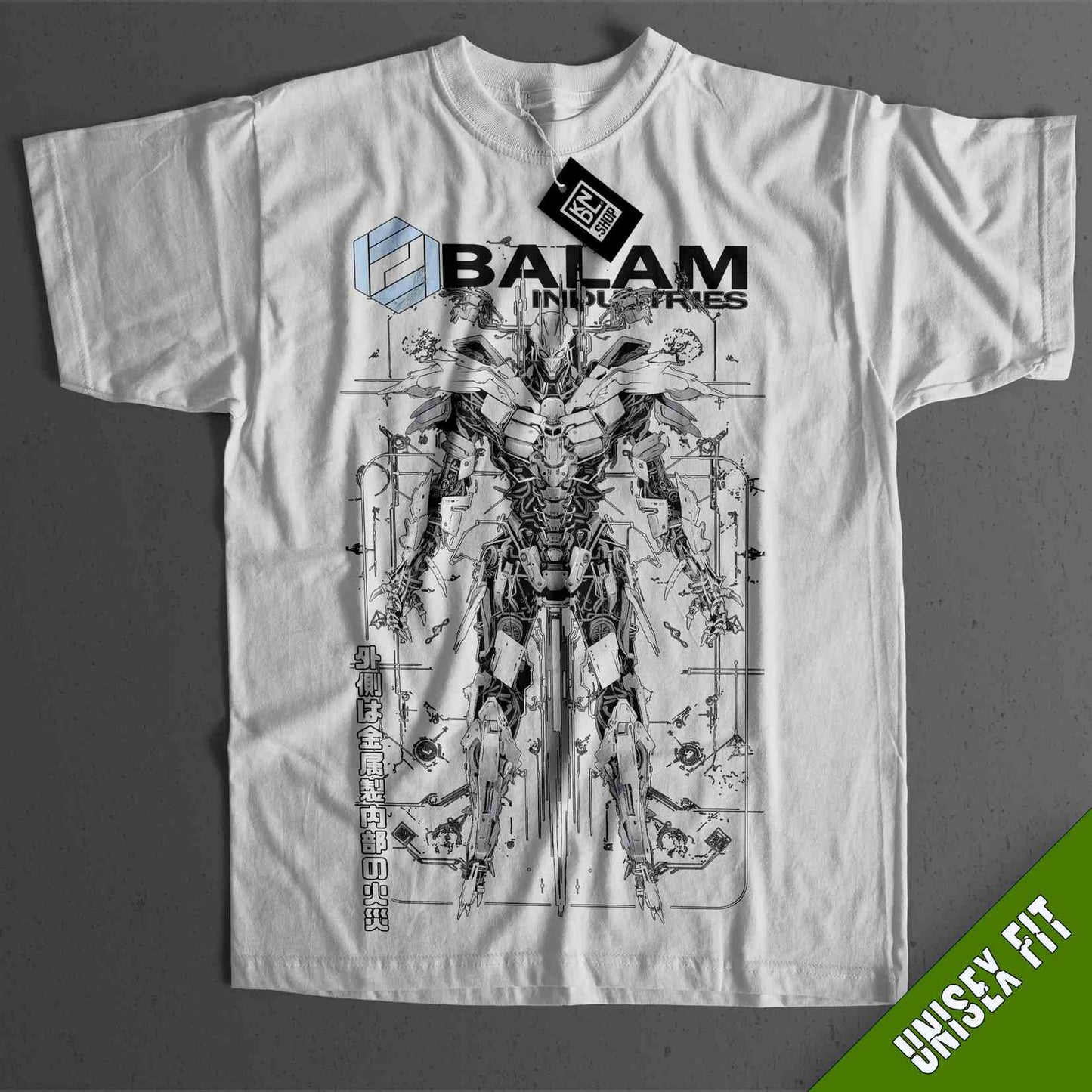 a white shirt with a drawing of a robot on it