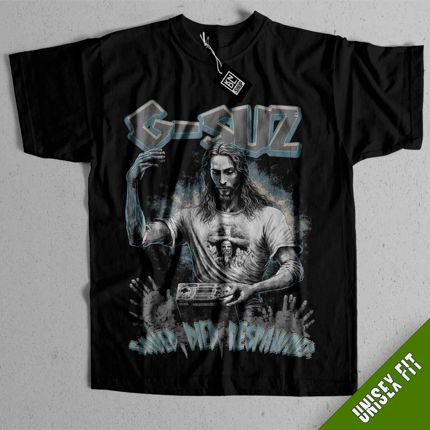 a black shirt with a picture of a man holding a guitar