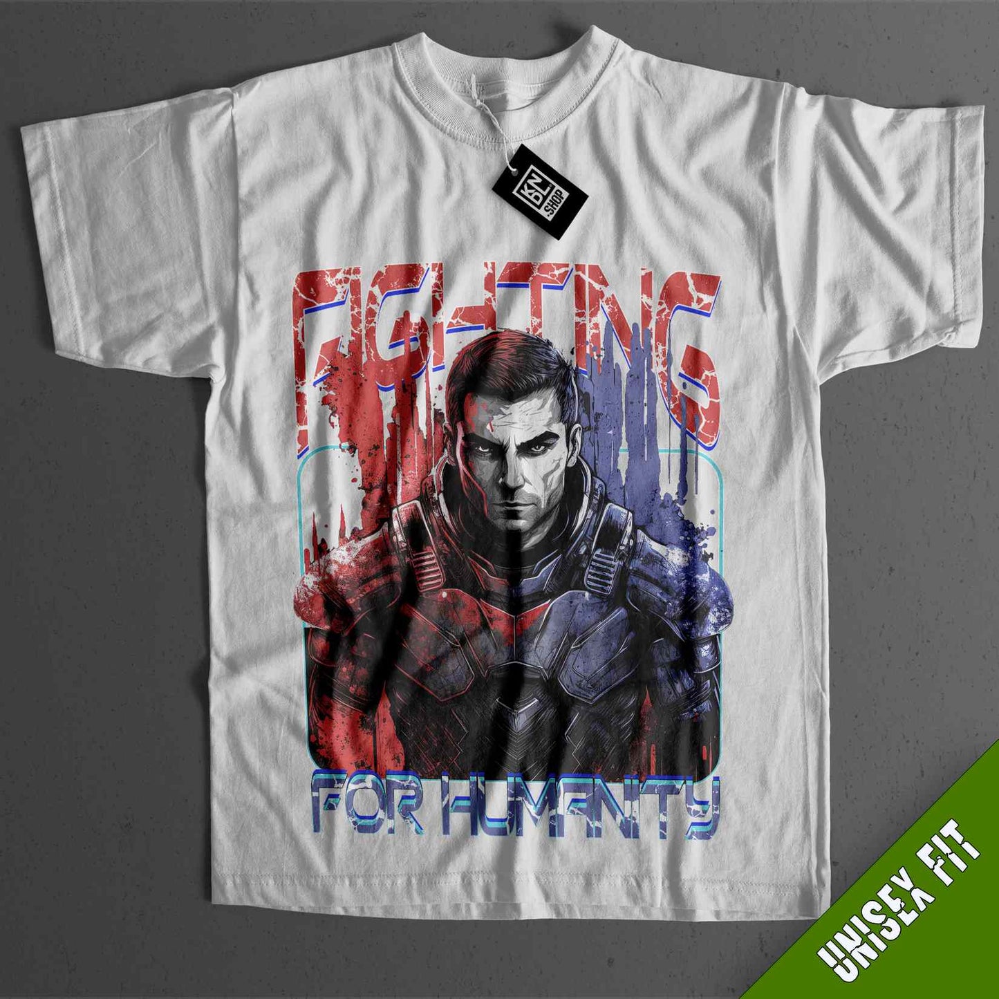 a white shirt with a picture of a man holding a gun