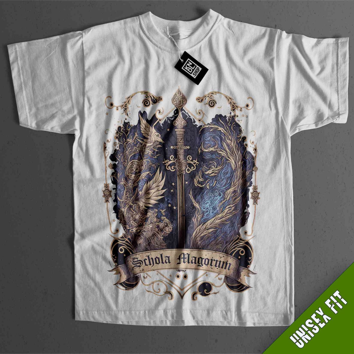 a white t - shirt with a picture of a sword on it