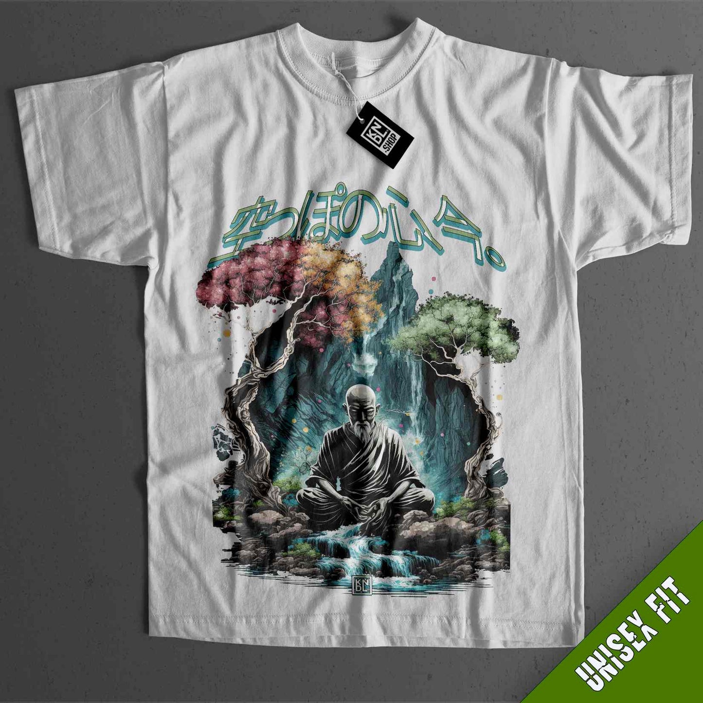 a white t - shirt with a picture of a man sitting on a rock