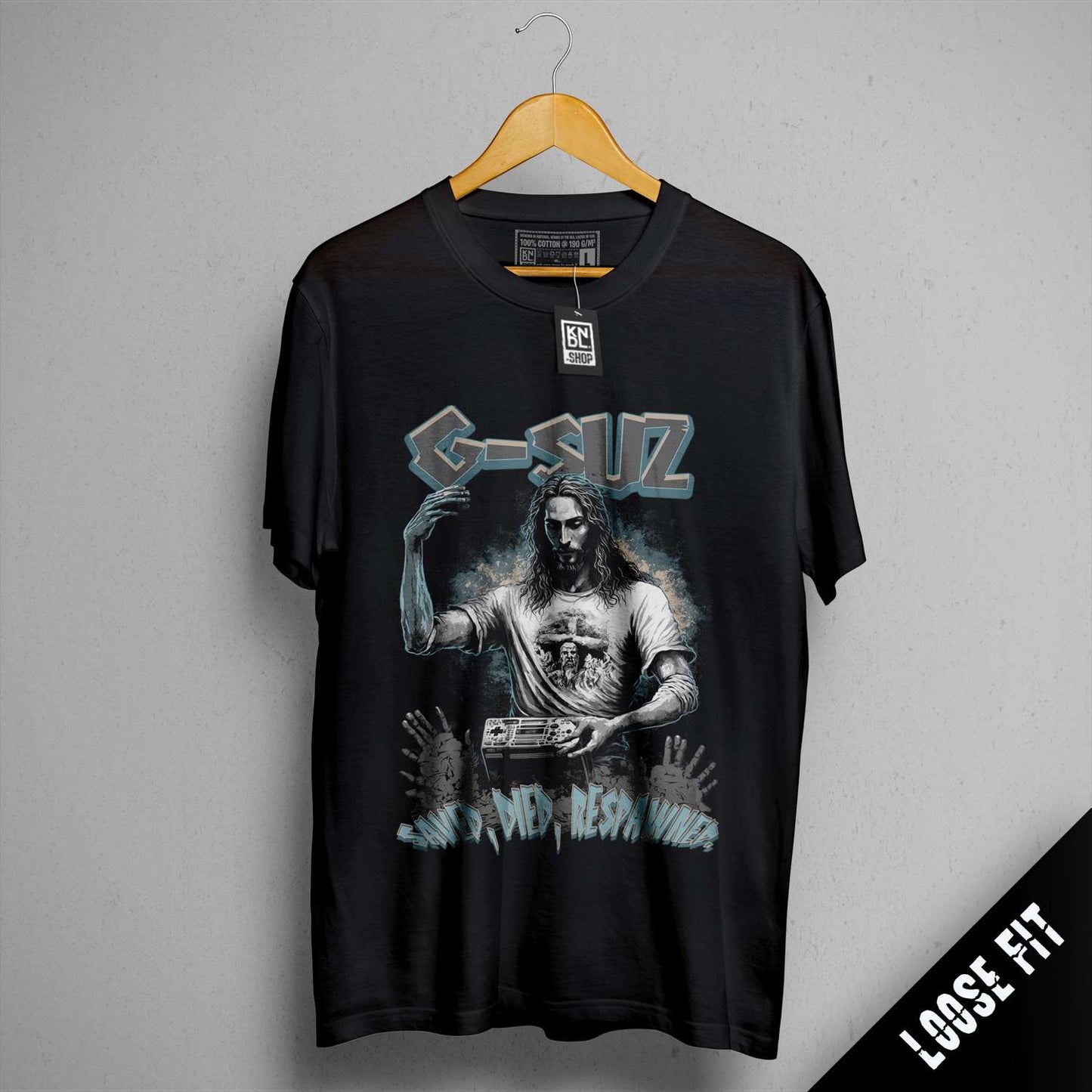 a black t - shirt with a picture of a wrestler on it