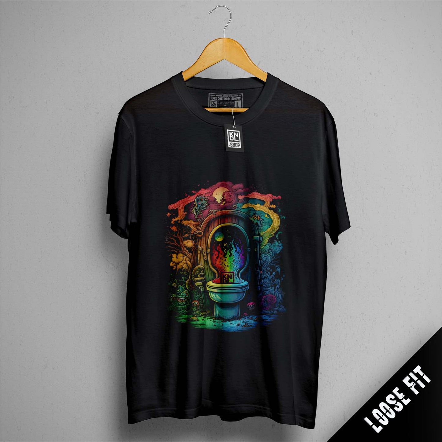 a black t - shirt with a picture of a toilet on it