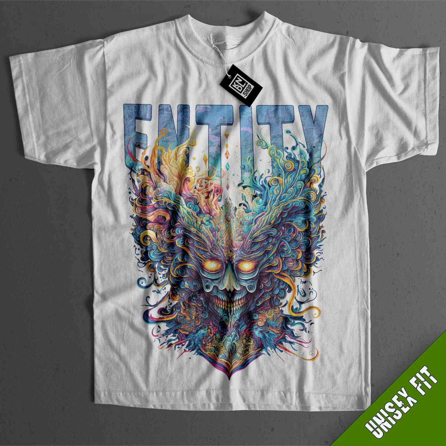 a white t - shirt with an image of a skull on it