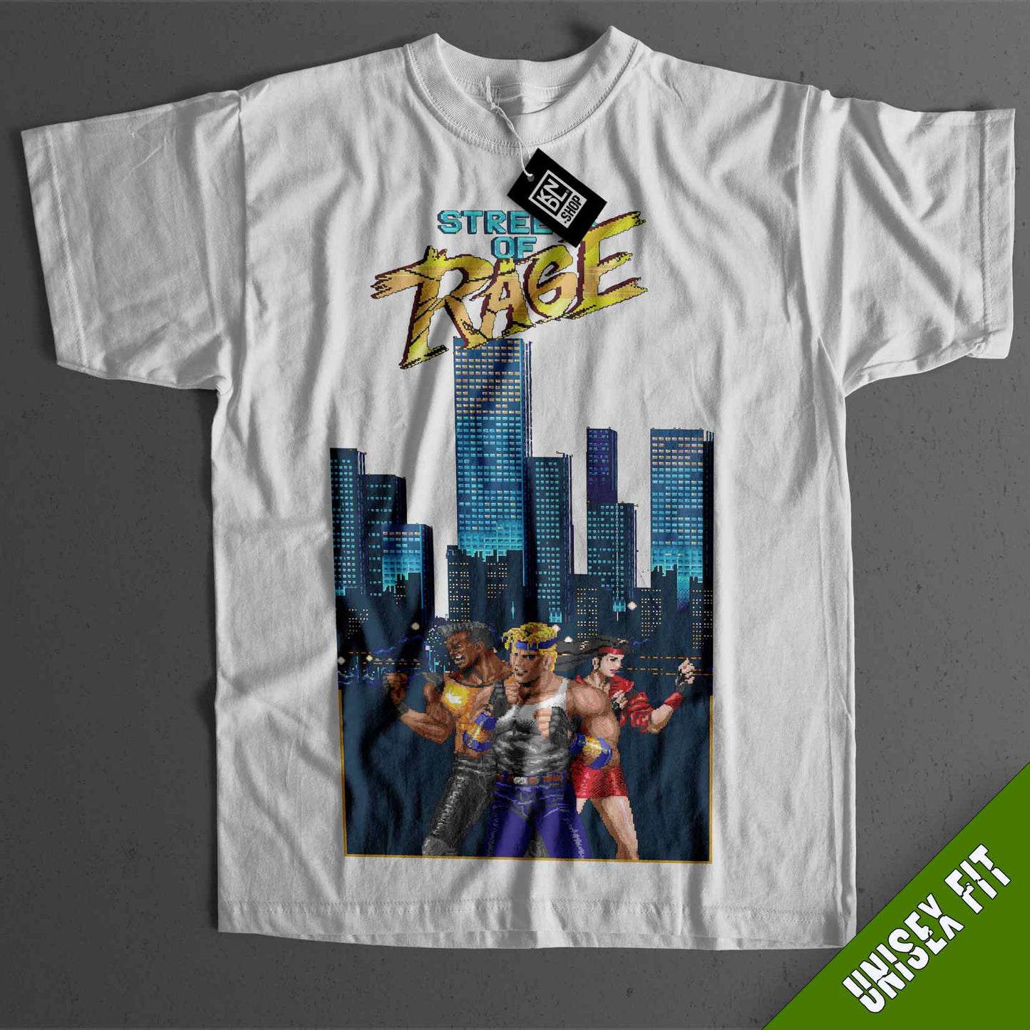 a white t - shirt with a picture of two men in front of a city