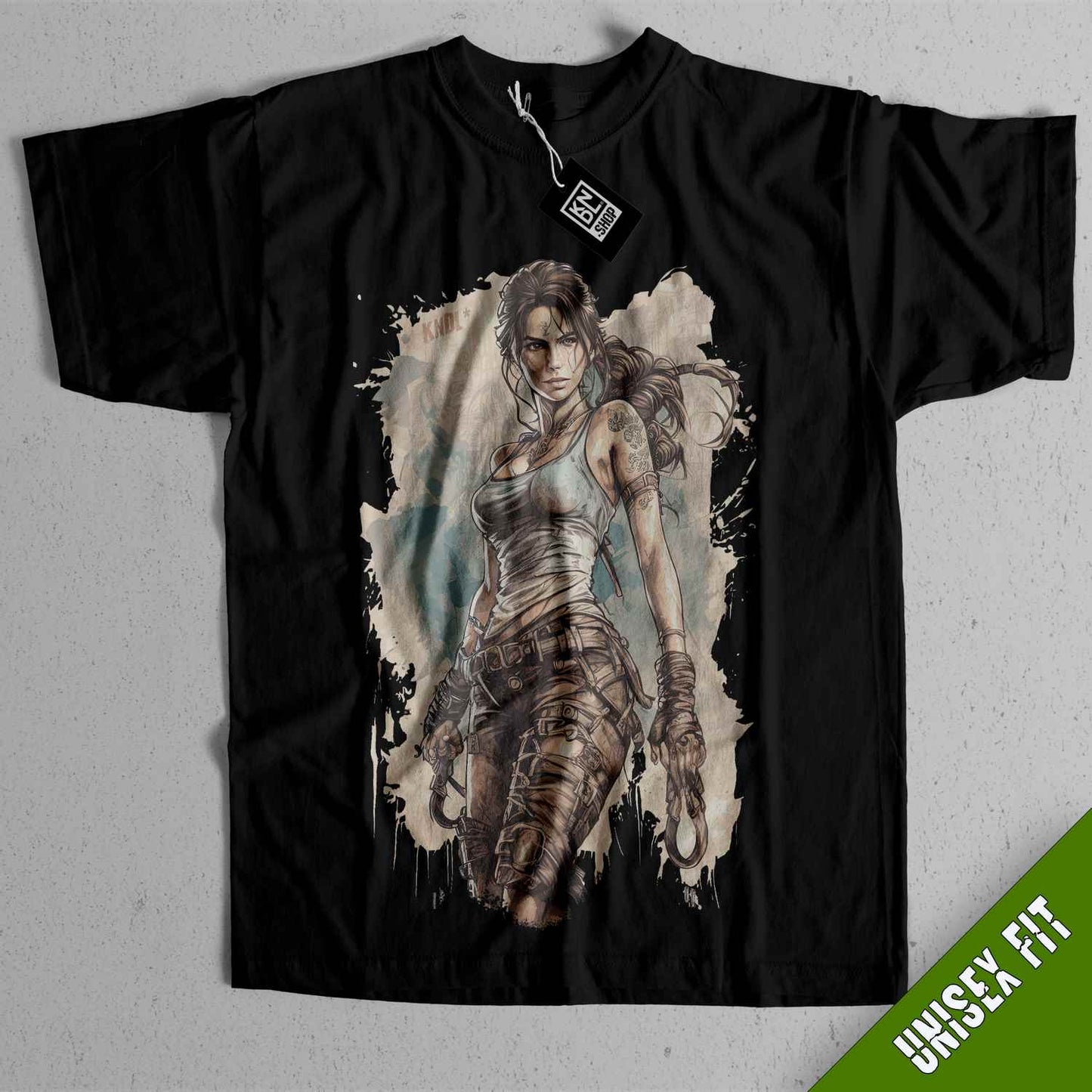 a black t - shirt with a picture of a woman holding a gun