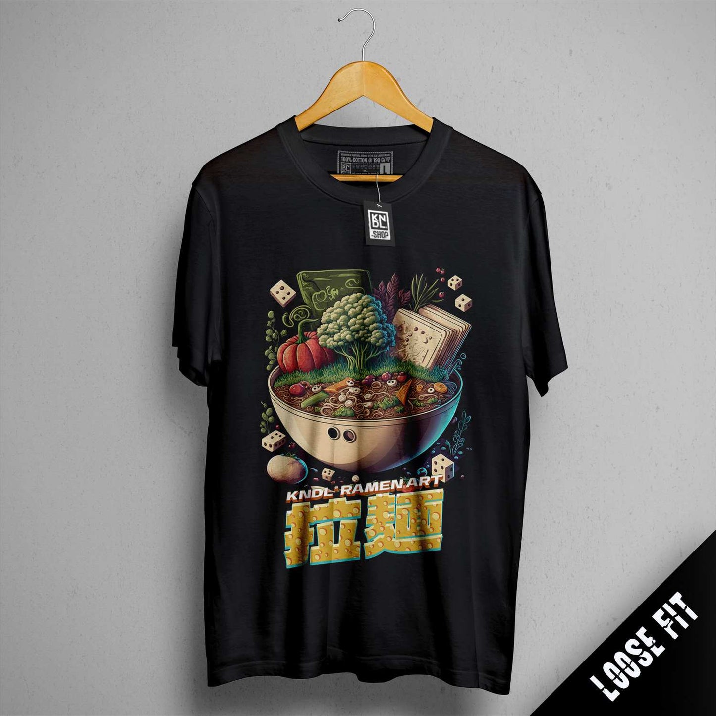 a black shirt with a picture of a bowl of food