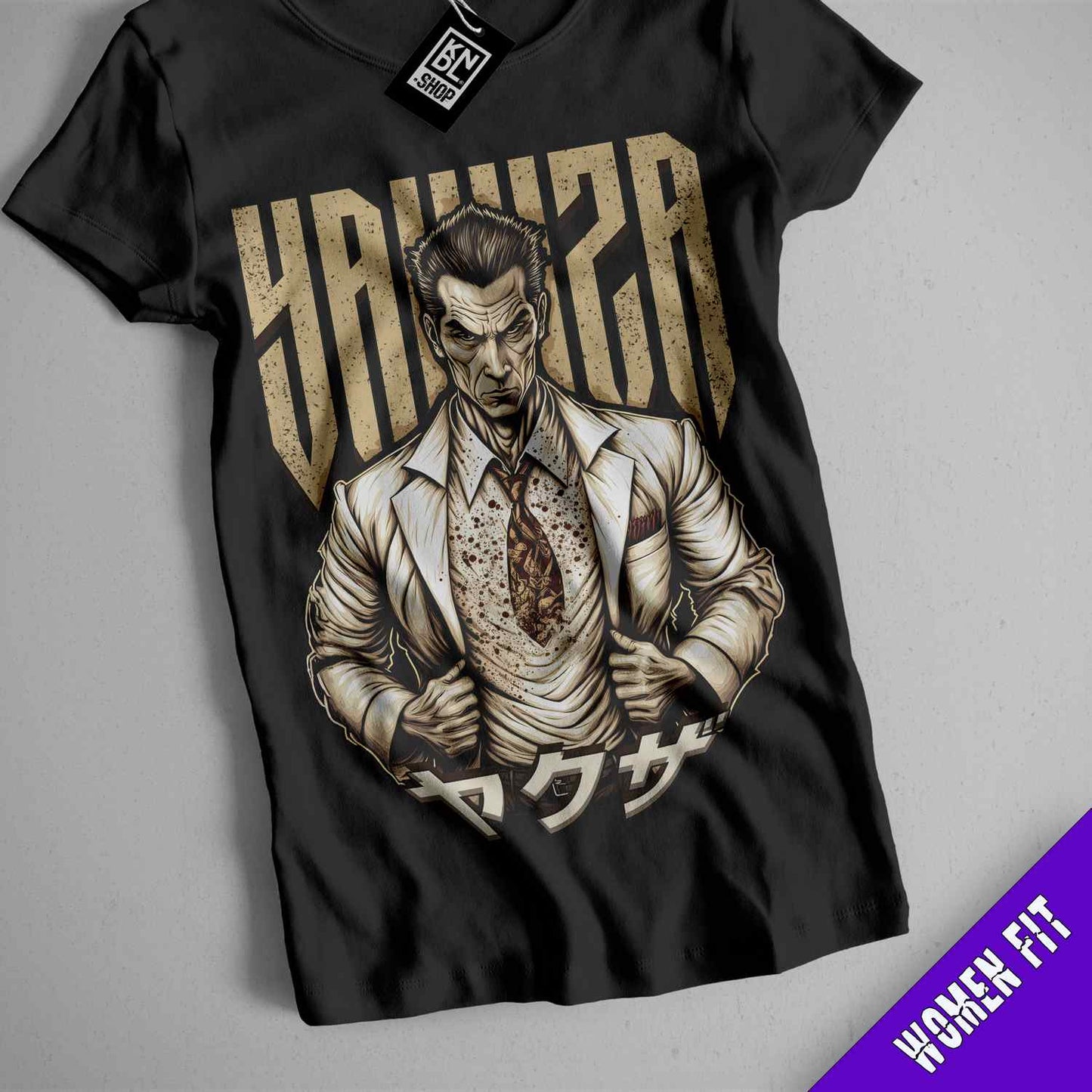 a black shirt with a picture of a man in a suit