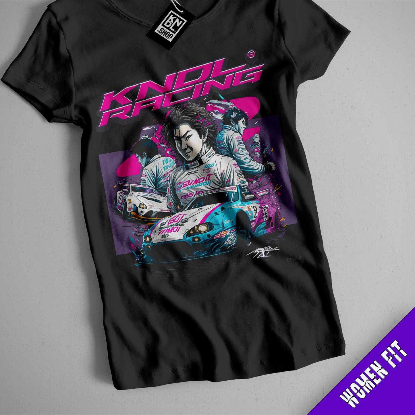 a black t - shirt with an image of a man driving a car