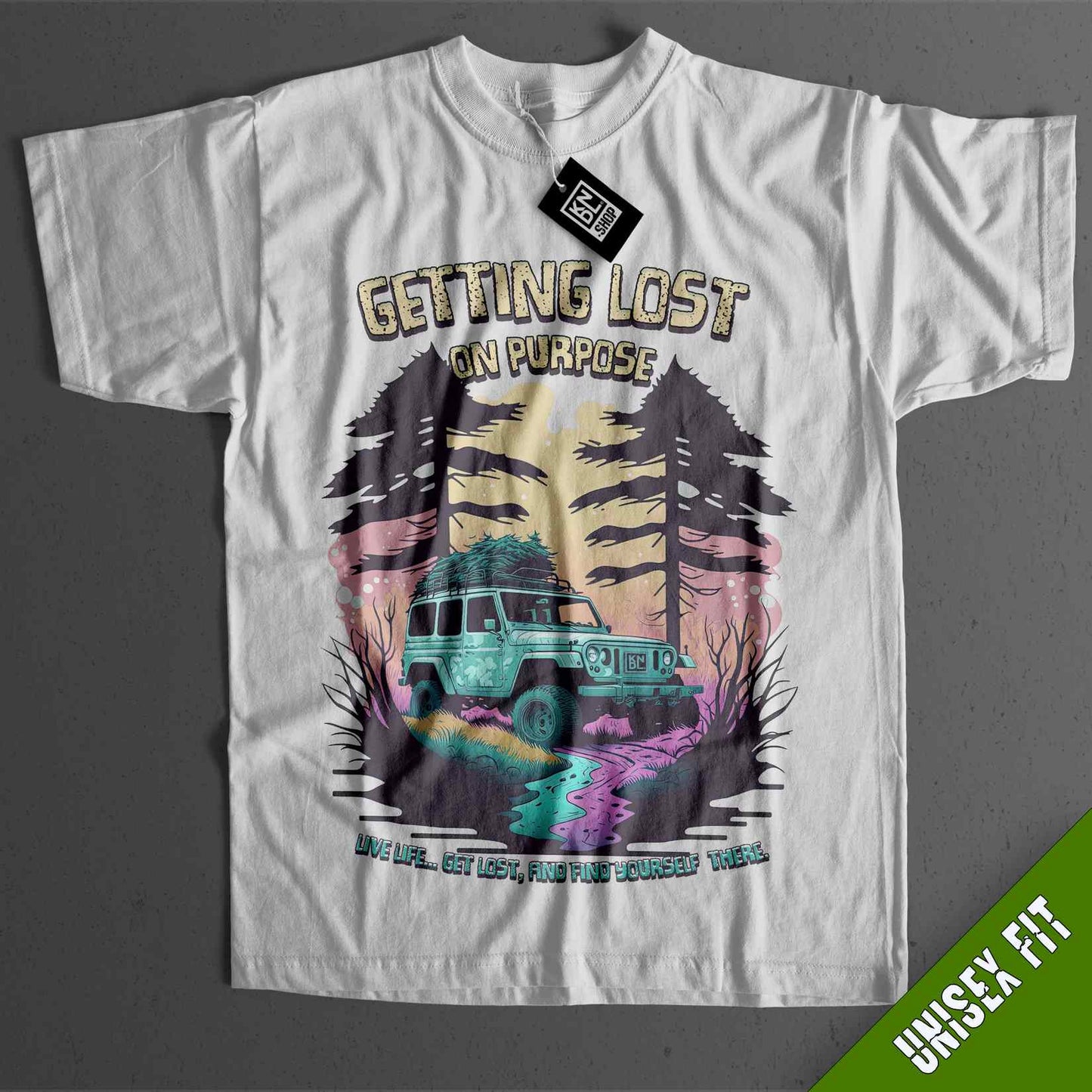 a white t - shirt with an image of a truck on it