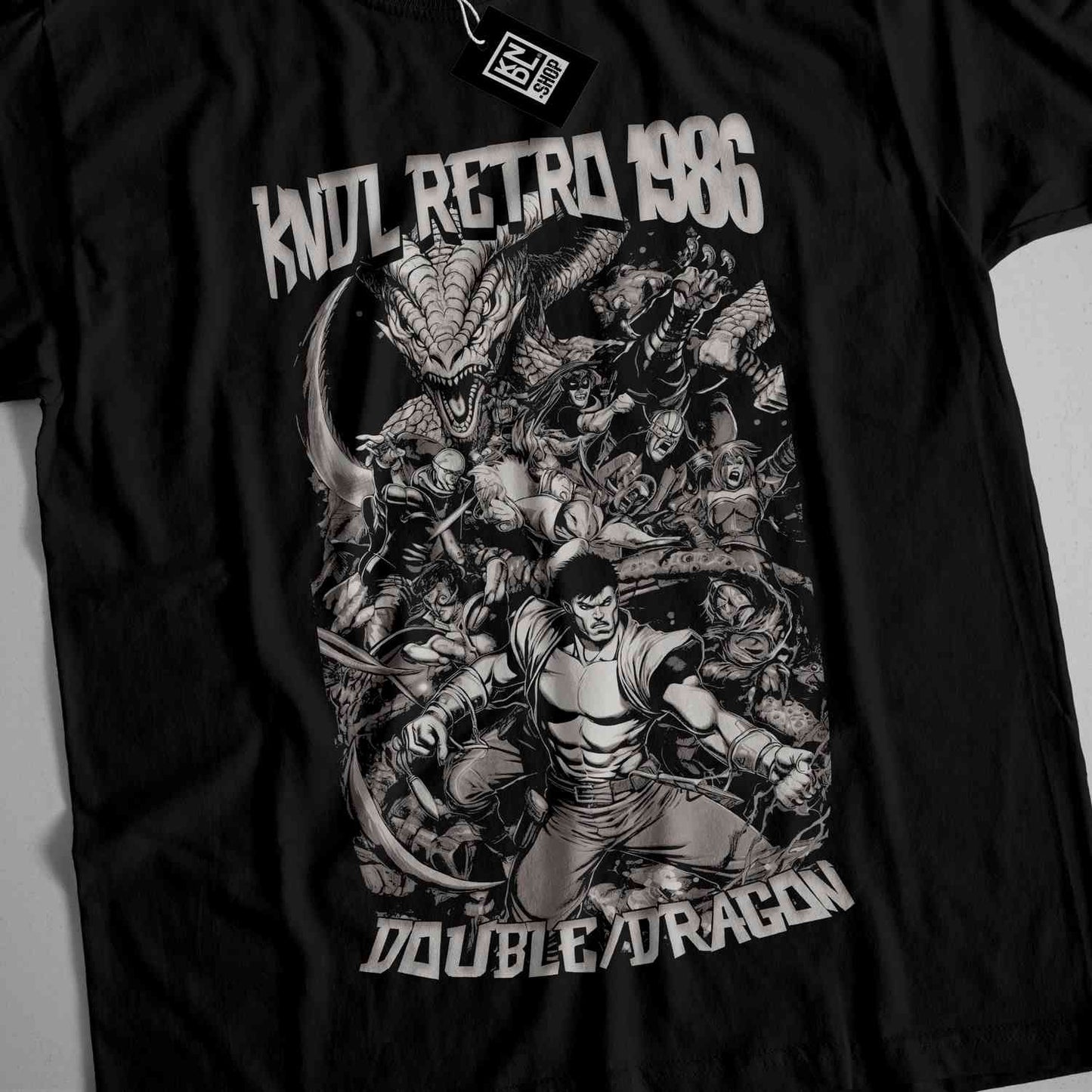 a black shirt with an image of a group of people on it