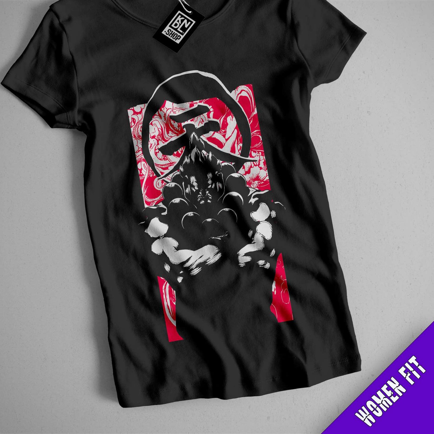 a black t - shirt with a red and white design on it