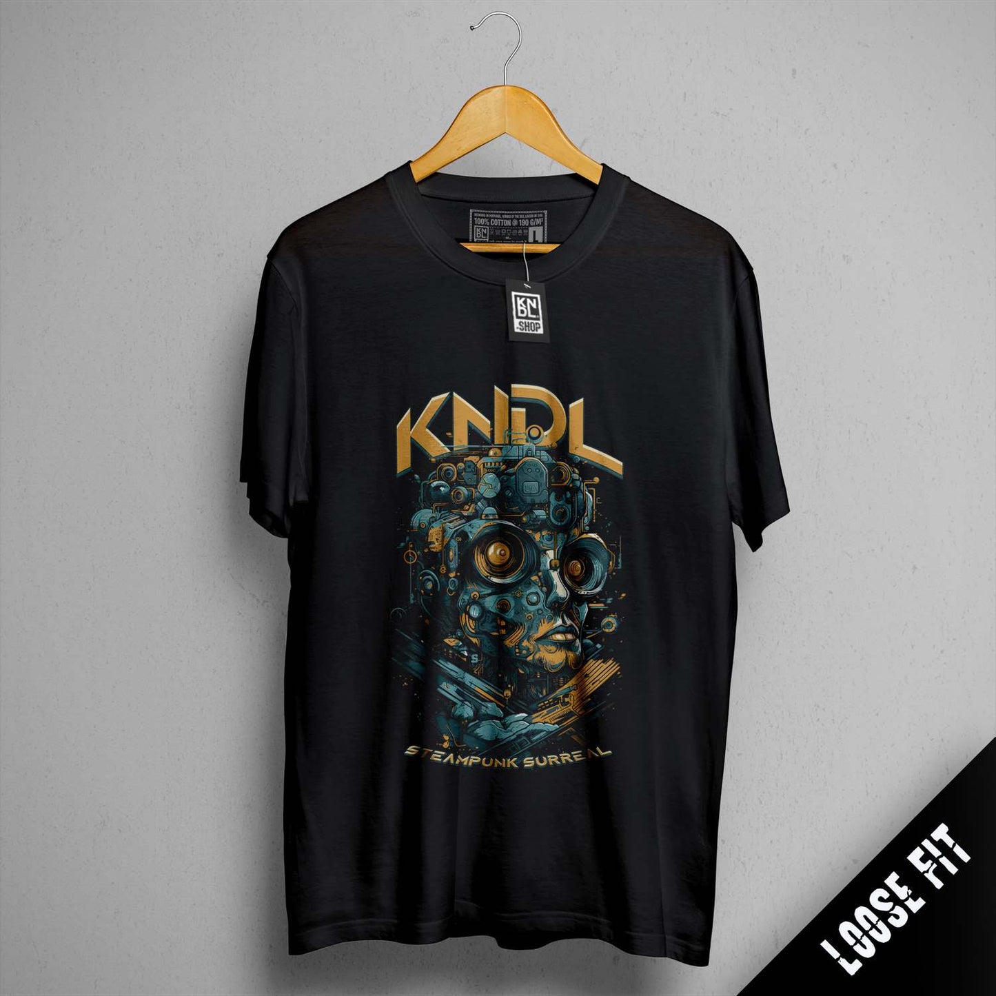 a black shirt with a picture of a robot on it