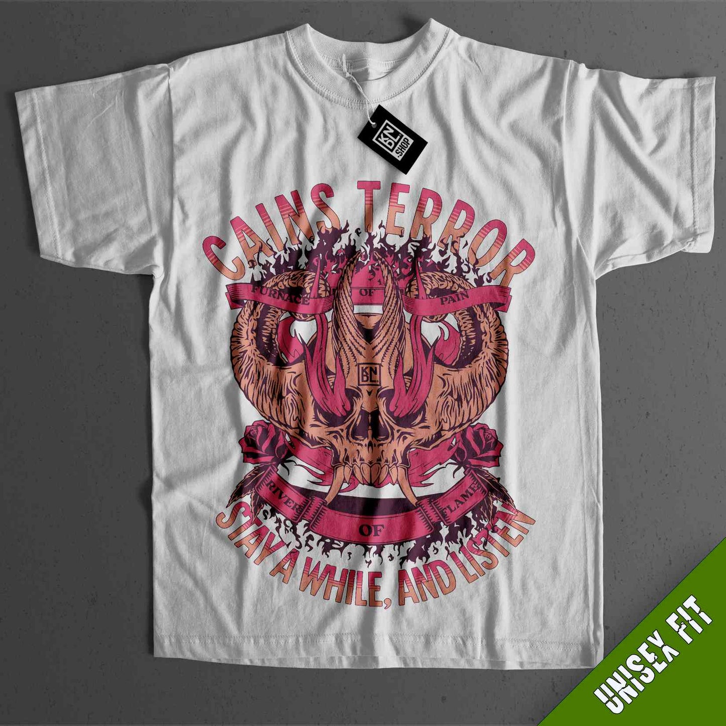 a white t - shirt with an image of two elephants on it