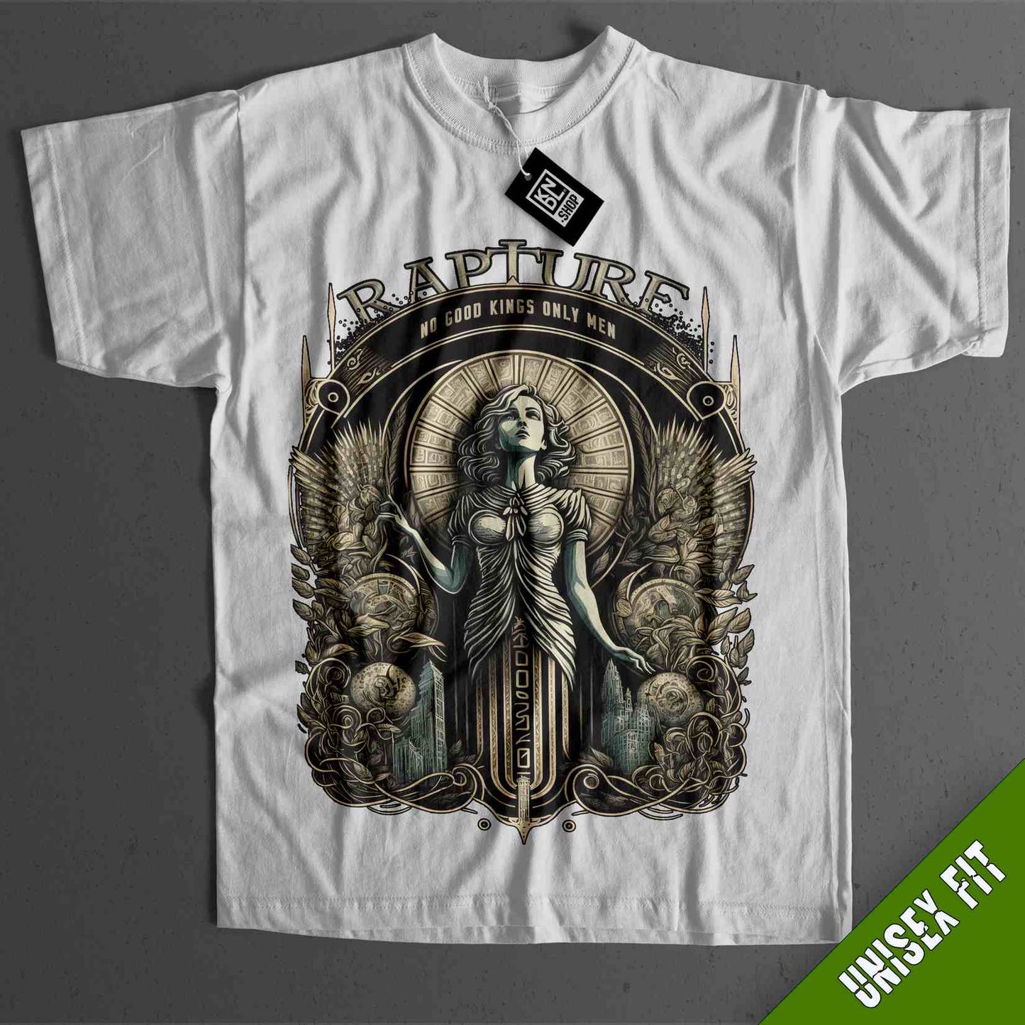 a white t - shirt with an image of a woman holding a cross