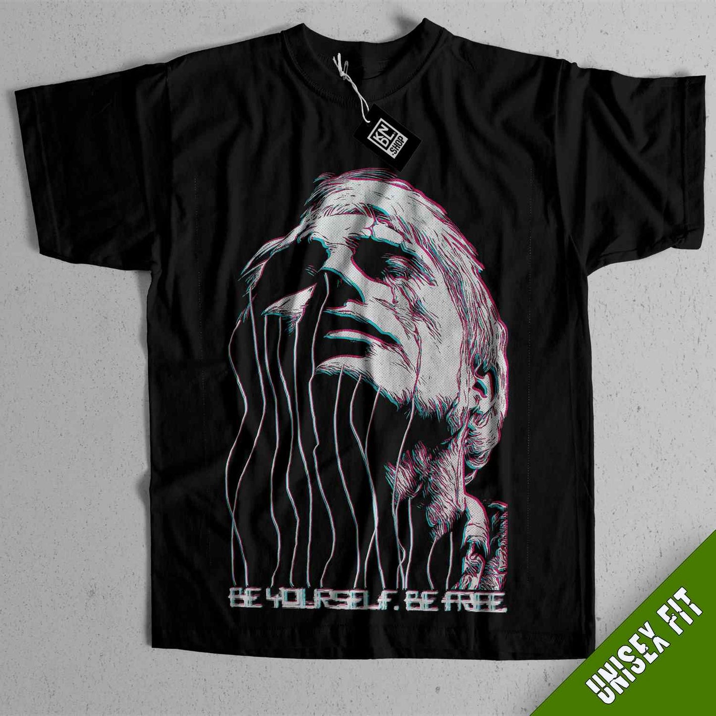 a black t - shirt with a picture of a man's face on it