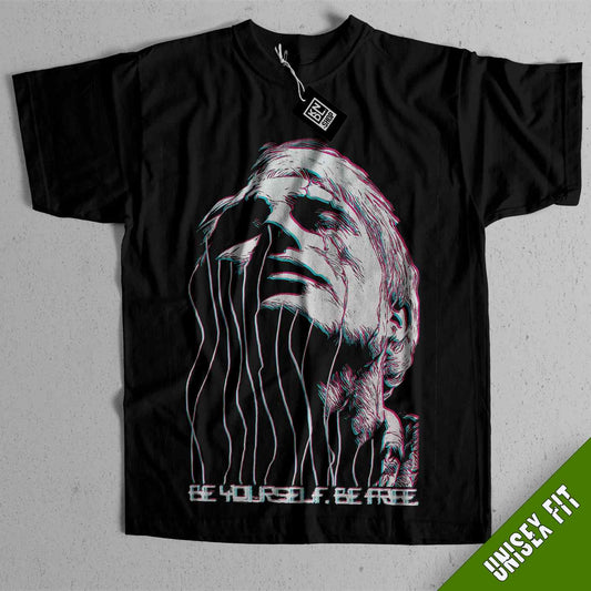 a black t - shirt with a picture of a man's face on it