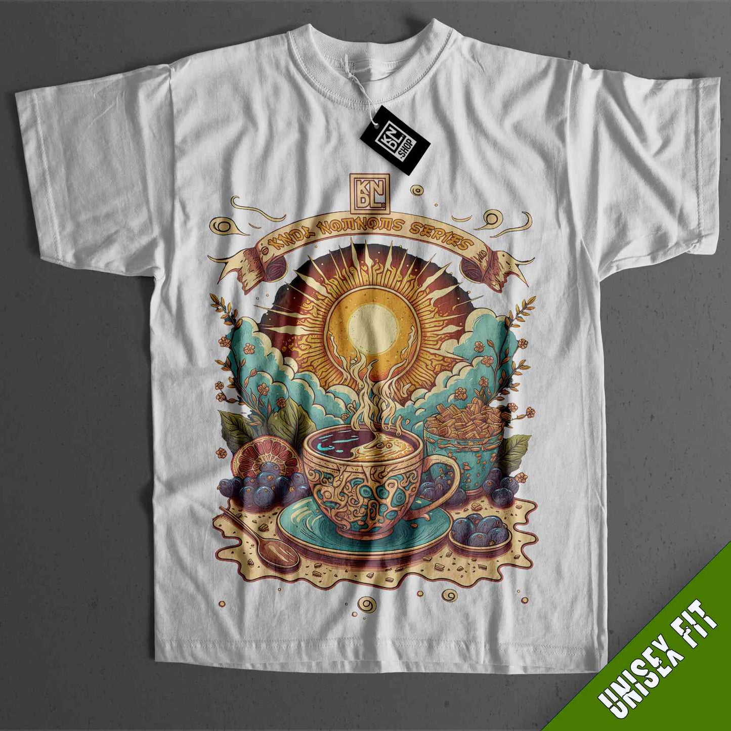 a white t - shirt with a picture of a cup of coffee on it