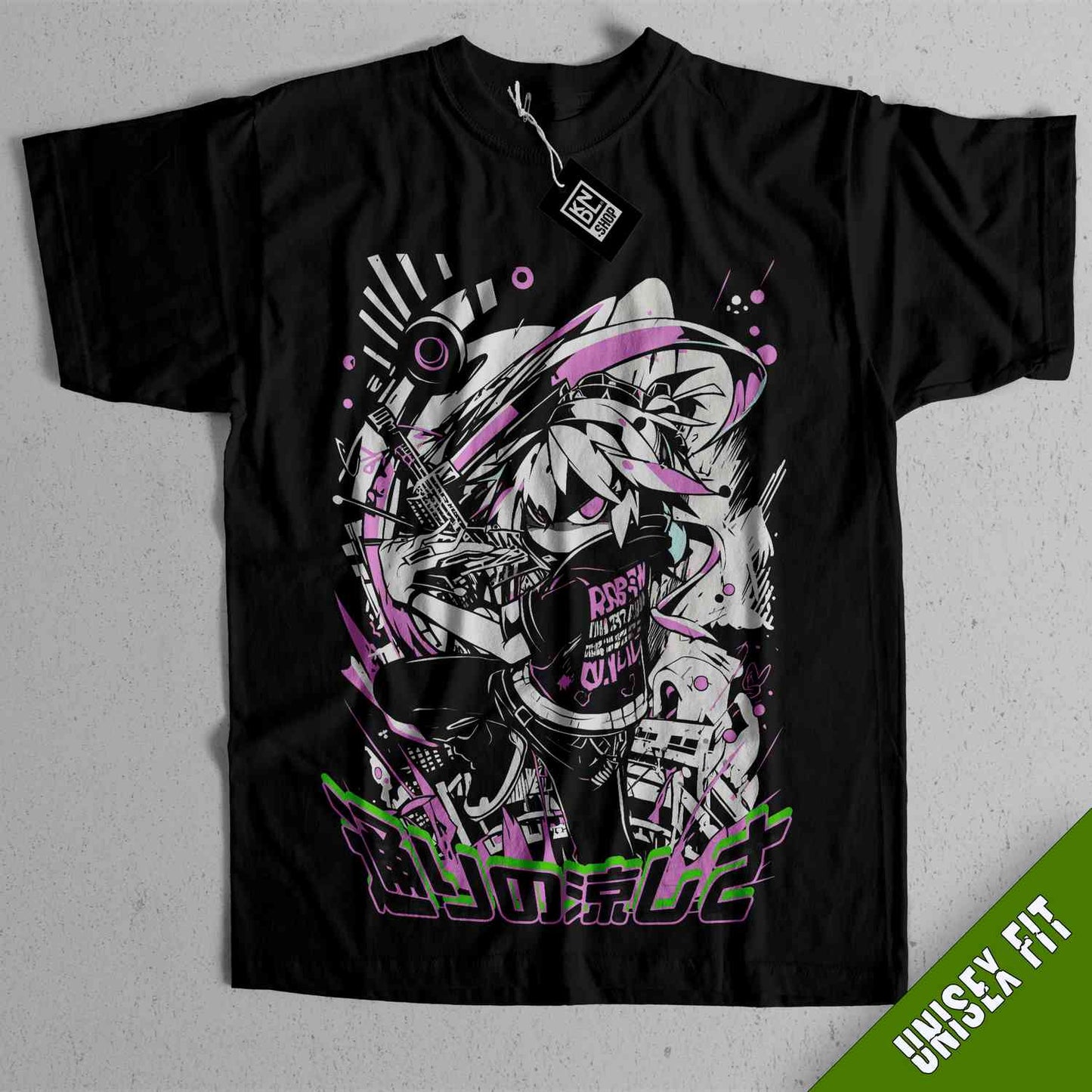 a black shirt with a purple and green design on it